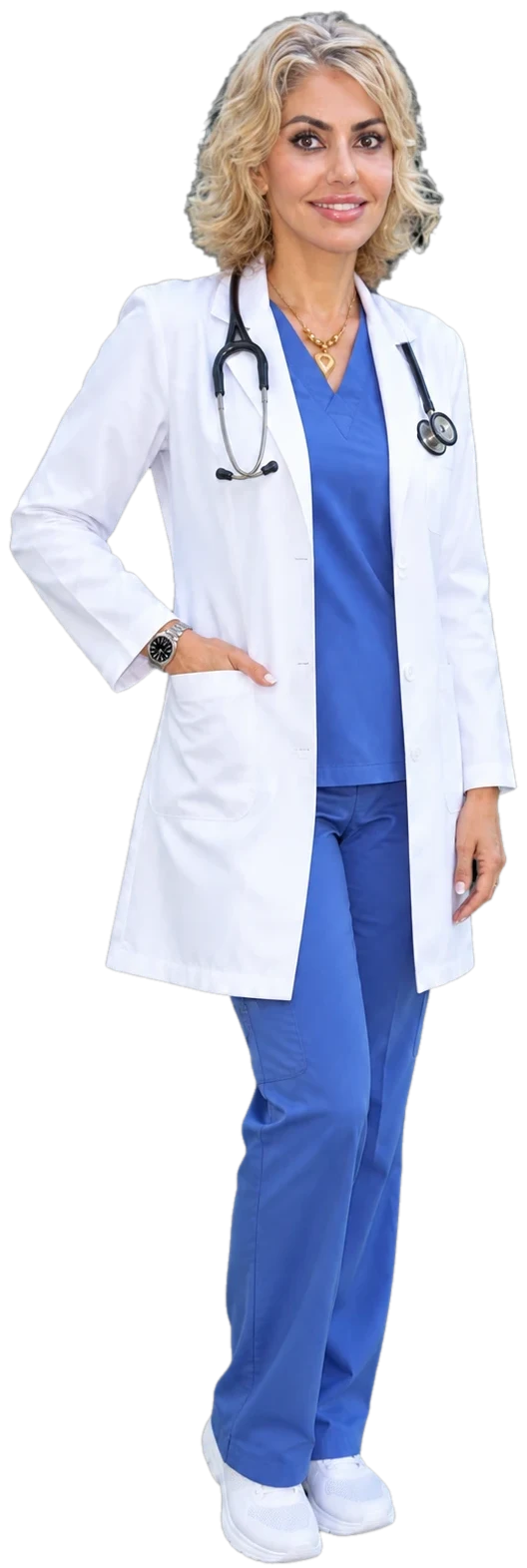 Dr. Shokoufeh Khozein in a white coat and blue scrubs