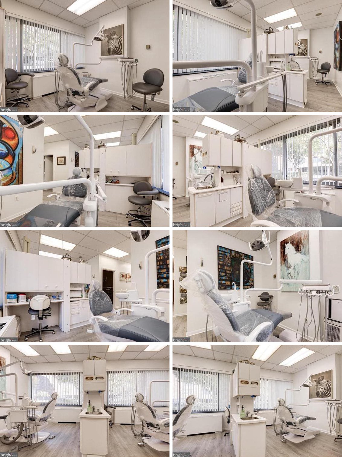 Collage of eight treatment rooms at the practice: sunlit operatories, new dental chairs and original artwork
